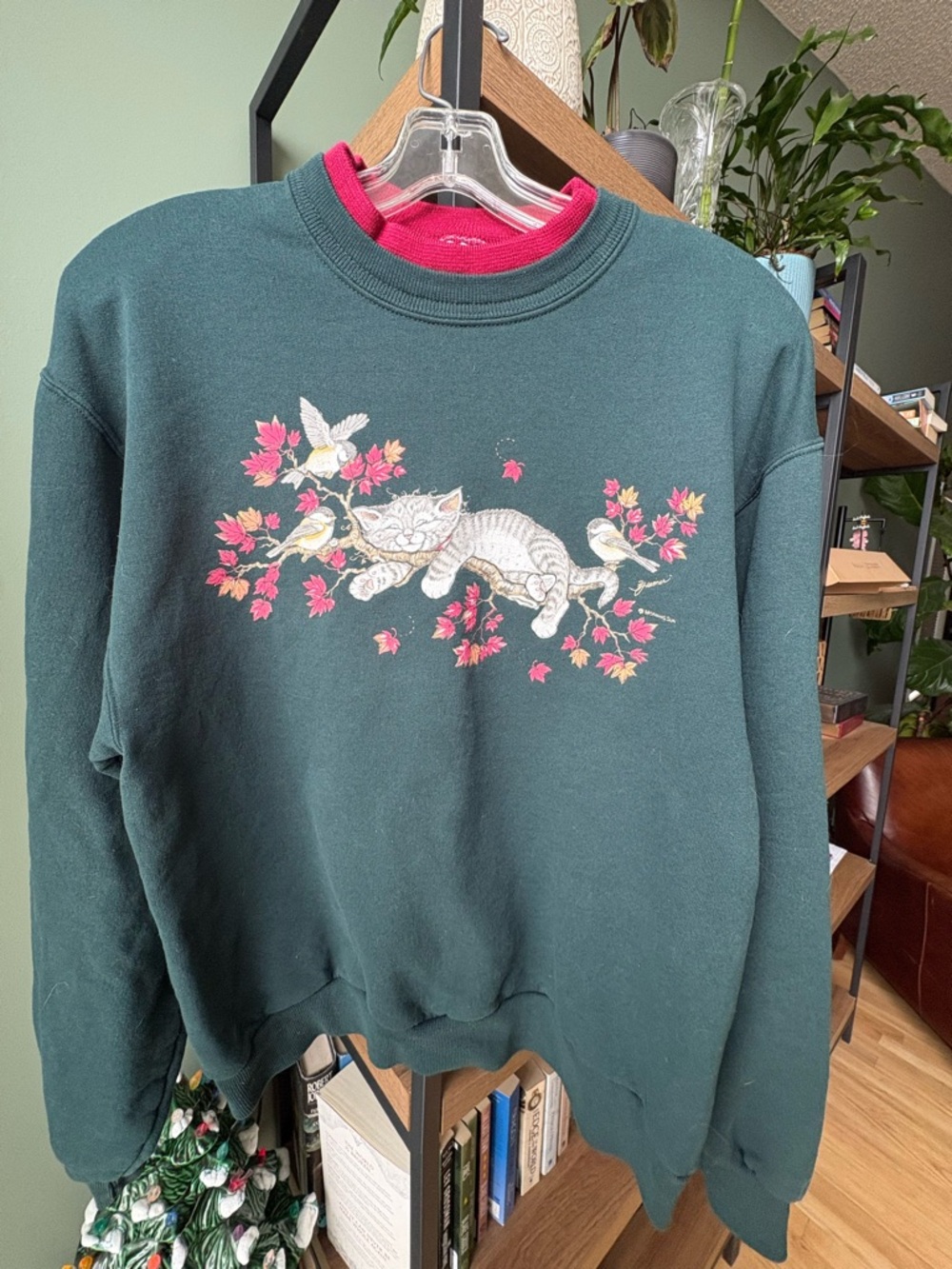 🐾 Vintage 90s Morning Sun "Sleeping Kitty" Double Collar Sweatshirt Size S
